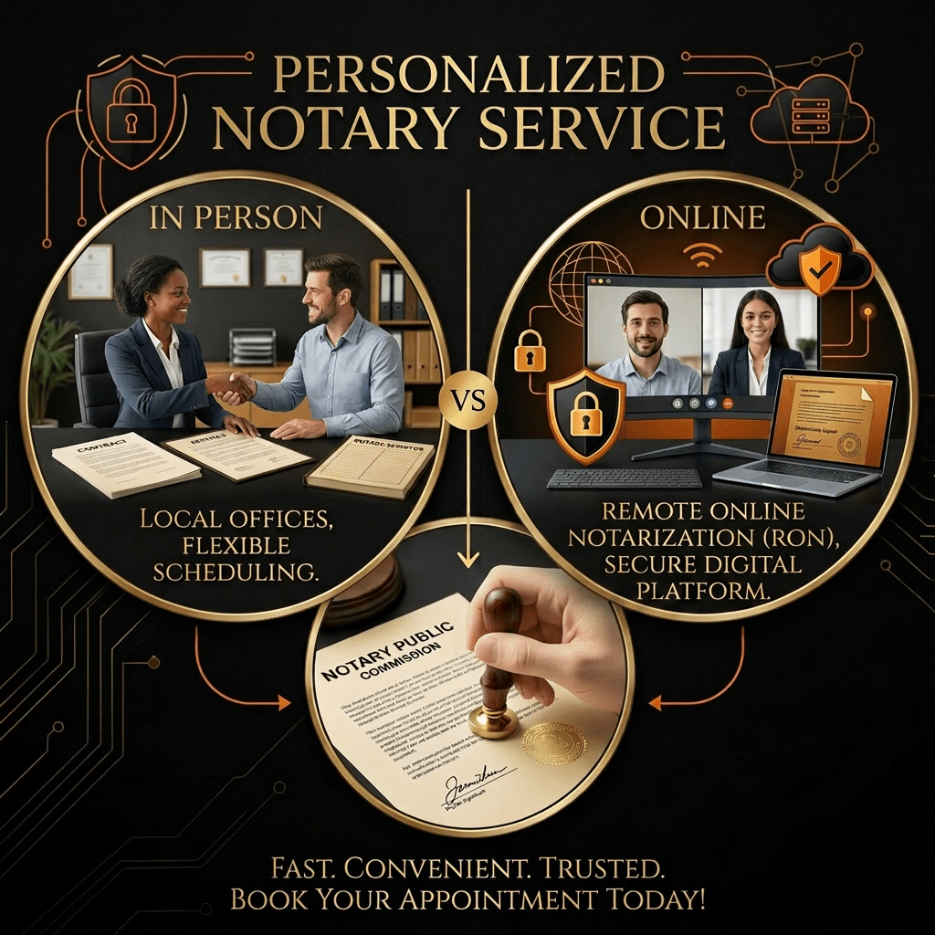 Illustration comparing in-person notary service with local offices and flexible scheduling to online remote online notarization with secure digital platform.
